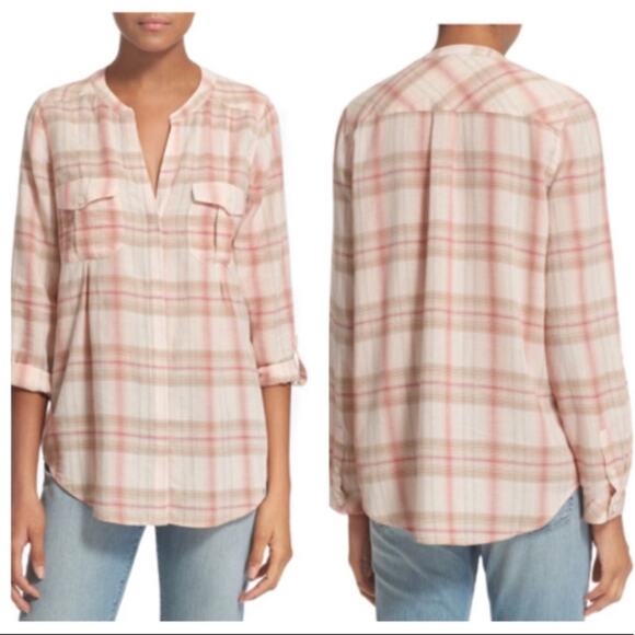 Joie Kalanchoe Pink Plaid Cotton Top Button Front - Picture 1 of 5